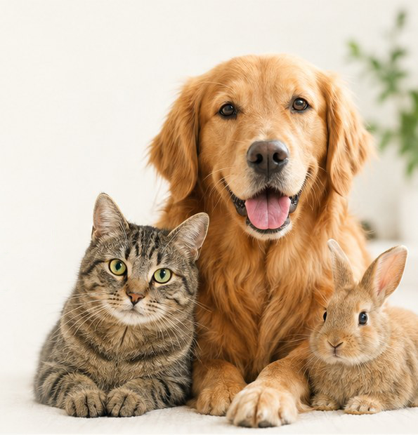 Cane, gatto e coniglio insieme